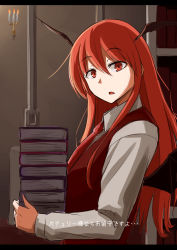 Rule 34 | 1girl, baketsuya, bat wings, book, candelabra, candlestand, head wings, highres, koakuma, long hair, looking at viewer, necktie, open mouth, red eyes, red hair, solo, touhou, translated, upper body, wings
