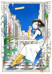 Rule 34 | 1girl, :d, aircraft, airplane, ame (conronca), balcony, banner, basket, bird, black hair, blue eyes, bow, bowtie, building, chair, checkered floor, cup, day, drink, drinking glass, drinking straw, fashion, flower, from side, full body, hair flower, hair ornament, high heels, lace, long hair, looking at viewer, looking back, open mouth, orange pantyhose, orangina, original, pantyhose, personification, plant, polka dot, potted plant, railing, shoes, short hair, sitting, skirt, sky, sleeveless, smile, solo, swept bangs, table, twitter username, two-sided fabric, two-sided skirt, vines, yellow pantyhose