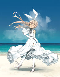 Rule 34 | 1girl, anchor hair ornament, annin musou, beach, blonde hair, blush, closed eyes, day, dress, elbow gloves, full body, gloves, grey footwear, hair between eyes, hair ornament, high heels, highres, kantai collection, long hair, ocean, official alternate costume, open mouth, outdoors, shimakaze (kancolle), sky, smile, solo, thighhighs, white dress, white gloves, white thighhighs