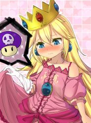 Rule 34 | 1girl, age regression, bare shoulders, blonde hair, blue eyes, blush, clothes lift, crown, crying, crying with eyes open, dress, dress lift, earrings, flat chest, gameplay mechanics, gloves, heart, jewelry, magister, mario (series), mushroom, nintendo, petite, pink dress, poison mushroom, princess peach, single glove, skull and crossbones, solo, tears, white gloves, aged down