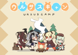Rule 34 | 4girls, :q, :|, animal ears, arknights, axe, bamboo, bear ears, bent over, beret, blue eyes, blunt bangs, book, braid, brown coat, brown hair, brown headwear, brown jacket, campfire, chibi, closed mouth, coat, cooking, drooling, expressionless, eyewear on head, feater (arknights), food-themed hair ornament, frying pan, grey hair, gummy (arknights), hair ornament, hair over one eye, hairclip, hat, hm (hmongt), holding, holding axe, istina (arknights), jacket, jitome, log, long hair, looking at another, monocle, multicolored hair, multiple girls, orange pantyhose, pantyhose, parody, plate, pleated skirt, reading, red hair, sitting, skirt, smoke, socks, star (symbol), star hair ornament, stool, streaked hair, sunglasses, swept bangs, tongue, tongue out, tree, white jacket, white legwear, yurucamp, zima (arknights)