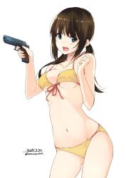 Rule 34 | 1girl, 2015, bikini, blue eyes, breasts, brown hair, cleavage, cocked hammer, contrapposto, cowboy shot, dated, front-tie top, gun, halterneck, handgun, leaning forward, long hair, low twintails, medium breasts, navel, open mouth, original, pistol, simple background, solo, standing, swimsuit, twintails, twitter username, unasaka ryou, weapon, white background, yellow bikini