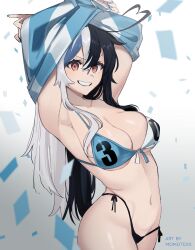 Rule 34 | 1girl, 2022, 2022 fifa world cup, absurdres, antenna hair, argentina, argentinian flag, artist name, ball, bikini, black hair, blue hair, blue nails, blue ribbon, breasts, breasts out, clothes lift, confetti, curvy, flag, grey hair, grin, hair behind ear, hair ribbon, happy, highres, holding, holding flag, indie virtual youtuber, large breasts, lifting own clothes, long hair, momote, momote (vtuber), multicolored hair, nail polish, navel, numbered, open mouth, pink eyes, ribbon, shiny skin, shirt, shirt lift, side-tie bikini bottom, simple background, smile, soccer, soccer ball, soccer uniform, solo, split-color hair, sportswear, streaked hair, swimsuit, thick thighs, thighs, thong, thong bikini, tied shirt, two-tone hair, undressing, very long hair, virtual youtuber, white background, wide hips, world cup