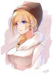 Rule 34 | 1girl, artist name, blonde hair, blue eyes, breasts, brown headwear, closed mouth, coat, dated, earrings, fur-trimmed coat, fur collar, fur trim, highres, jewelry, long hair, looking at viewer, medium breasts, rodney (warship girls r), solo, warship girls r, white background, white coat, xueci
