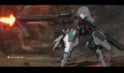 Rule 34 | 1girl, armor, clothes, fighting, fighting stance, firing, grey eyes, grey hair, gun, highres, letterboxed, mecha musume, mechanical arms, muzzle flash, oota youjo, original, robot legs, short hair, single mechanical arm, standing, weapon
