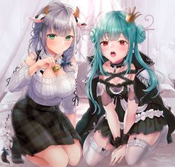 Rule 34 | 2girls, animal ears, aqua hair, arm support, blush, breasts, cleavage, cow ears, cow girl, cow horns, cow tail, double bun, finger to mouth, frilled legwear, hair bun, highres, hololive, horns, large breasts, looking at viewer, mojimaru, multiple girls, no shoes, on bed, open mouth, shirogane noel, shirogane noel (casual), shushing, silver hair, small breasts, sweater, tail, thighhighs, twintails, uneven twintails, uruha rushia, uruha rushia (3rd costume), v arms, virtual youtuber, white legwear, white sweater