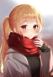 Rule 34 | 1girl, bad id, bad pixiv id, black sweater, blonde hair, blunt bangs, blurry, blurry background, blush, brown eyes, closed mouth, commentary, dd 0000, hand up, highres, jewelry, long hair, long sleeves, looking at viewer, open clothes, original, ponytail, red scarf, ring, scarf, sleeves past wrists, smile, solo, sweater, symbol-only commentary, upper body