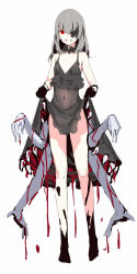 Rule 34 | 1girl, bare shoulders, blood, choker, clothes lift, colored skin, covered navel, dress, dripping, extra arms, eyepatch, frilled choker, frilled dress, frills, grey choker, grey dress, grey hair, grey skin, kageshio (276006), living clothes, long hair, monster, original, red eyes, see-through, see-through dress, sharp teeth, slime (substance), solo, teeth