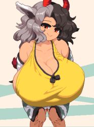 Rule 34 | 1girl, animal ears, animated, animated gif, bare shoulders, black hair, breasts, cleavage, cow ears, cow horns, cow tail, grey hair, hands on own knees, horns, huge breasts, looking at viewer, lowres, mature female, multicolored hair, namako daibakuhatsu, naughty face, off shoulder, pixel art, red eyes, red horns, simple background, smile, swinging, tail, tail wagging, touhou, ushizaki urumi