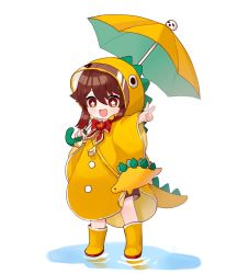 Rule 34 | 1girl, :d, aged down, boots, brown hair, coat, flower-shaped pupils, full body, genshin impact, hair between eyes, highres, hu tao (genshin impact), looking at viewer, miyako draw, open mouth, rubber boots, raincoat, red eyes, rubber boots, simple background, smile, solo, standing, symbol-shaped pupils, umbrella, v, yellow coat