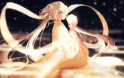 Rule 34 | 1girl, aqua eyes, blurry, chinese clothes, chuushuu meigetsu miku, cowboy shot, depth of field, flower, from side, glowing, hagoromo, hair flower, hair ornament, hanfu, hatsune miku, holding, light particles, long hair, long sleeves, looking away, orb, profile, shawl, signature, silver hair, solo, standing, tassel, twintails, user crvv2428, very long hair, vocaloid, wide sleeves