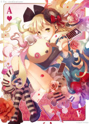 Rule 34 | 1girl, blonde hair, bow, card, elbow gloves, flower, gloves, hair bow, hair ornament, highres, lolita fashion, long hair, looking at viewer, mayu (vocaloid), pantyhose, playing card, rose, smile, solo, striped clothes, striped legwear, striped pantyhose, stuffed animal, stuffed rabbit, stuffed toy, usano mimi, vocaloid, yellow eyes, yuu (arcadia)