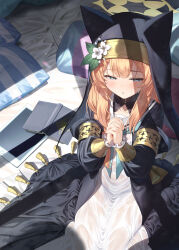 Rule 34 | 1girl, animal ear headwear, aqua neckerchief, bed sheet, black headwear, blue archive, blue eyes, blush, book, coif, commentary request, fake animal ears, flower, habit, halo, hat, hat flower, highres, interlocked fingers, long hair, long sleeves, looking at viewer, mari (blue archive), matanonki, neckerchief, nun, orange hair, own hands clasped, own hands together, parted lips, pillow, solo, tablet pc, wet, wet clothes, white flower, yellow halo