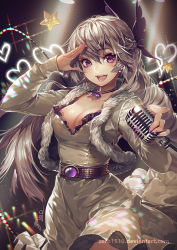 Rule 34 | 1girl, :d, akizero1510, arm up, artist name, beige dress, beige jacket, belt, borrowed character, breasts, cleavage, cropped jacket, dress, fur trim, gem, hair between eyes, highres, holding, holding microphone, jacket, jewelry, light, light particles, long sleeves, looking at viewer, medium breasts, microphone, nail polish, necklace, open mouth, original, pendant, pink eyes, pink lips, pointing, pointing at viewer, purple eyes, purple gemstone, purple nails, round teeth, salute, shiny skin, signature, silver hair, smile, solo, spotlight, star (symbol), studded belt, teeth