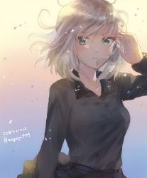 Rule 34 | 1girl, backlighting, bad id, bad twitter id, black skirt, blue eyes, commentary, confetti, dated, dress shirt, girls und panzer, grey shirt, hand in own hair, insignia, itsumi erika, kuromorimine school uniform, light frown, long hair, long sleeves, looking at viewer, macho ojiji, miniskirt, one-hour drawing challenge, parted lips, pleated skirt, school uniform, shirt, silver hair, skirt, solo, standing, twitter username, upper body, wind, wind lift