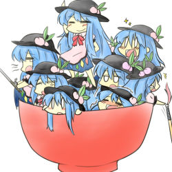 Rule 34 | 0 0, 6+girls, = =, anger vein, ariyoshi gen, bad id, bad pixiv id, blue hair, blush, chibi, clone, cup, fang, female focus, food, fruit, hat, hinanawi tenshi, in container, in cup, in food, mini person, minigirl, multiple girls, peach, sparkle, sword, sword of hisou, time paradox, touhou, weapon, yawning