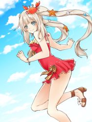Rule 34 | 1girl, bare arms, bare legs, bare shoulders, blue sky, blunt bangs, blush, bow, bracelet, breasts, brown footwear, casual one-piece swimsuit, closed mouth, cloud, cloudy sky, commentary request, crab hair ornament, day, dutch angle, eyes visible through hair, fate/grand order, fate (series), frilled swimsuit, frills, from side, halterneck, hands up, high heels, highres, jewelry, leg up, light brown hair, light smile, long hair, looking at viewer, looking to the side, marie antoinette (fate), marie antoinette (fate/grand order), marie antoinette (swimsuit caster) (fate), marie antoinette (swimsuit caster) (first ascension) (fate), medium breasts, multicolored bow, one-piece swimsuit, outdoors, parted bangs, red one-piece swimsuit, sandals, sasaki kuro, shell hair ornament, shoes, sidelocks, sky, solo, standing, standing on one leg, starfish hair ornament, striped, striped bow, swimsuit, toeless footwear, twintails, very long hair