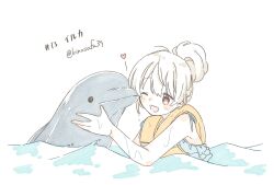 Rule 34 | 1girl, ;d, alternate costume, alternate hairstyle, animal, animal name, bare arms, bikini, blue bikini, blush, closed mouth, commentary, dolphin, frilled bikini, frills, hair bun, heart, highres, kagerou project, kiss, kissing animal, kozakura marry, life vest, looking at animal, numbered, one eye closed, open mouth, pink eyes, sa-fu (sfmk39), single hair bun, smile, solo, swimming, swimsuit, translated, twitter username, upper body, water, wet, white background, white hair