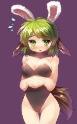 Rule 34 | 1girl, animal ears, bare legs, bare shoulders, blush, breasts, flying sweatdrops, green eyes, green hair, highres, kasodani kyouko, large breasts, leotard, matching hair/eyes, open mouth, own hands clasped, own hands together, playboy bunny, purple background, rabbit ears, sakimori dan, short hair, simple background, solo, tail, touhou