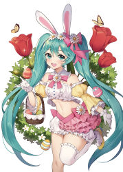 Rule 34 | 1girl, absurdres, animal ears, aqua eyes, aqua hair, bare shoulders, basket, bow, bug, butterfly, center frills, churi (oxxchurixxo), collar, detached collar, detached sleeves, easter, easter egg, egg, eyes visible through hair, flower, frilled thighhighs, frills, gloves, hair between eyes, hair bow, hair flower, hair ornament, hatsune miku, highres, insect, long hair, looking at viewer, midriff, miniskirt, open mouth, rabbit ears, single thighhigh, skirt, solo, sparkle, standing, standing on one leg, teeth, thighhighs, twintails, upper teeth only, very long hair, vocaloid, white background, white gloves, white thighhighs, wreath, yellow sleeves