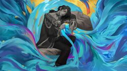 Rule 34 | 1boy, closed eyes, closed mouth, earrings, greyscale with colored background, highres, hwei (league of legends), jewelry, league of legends, light smile, long sleeves, male focus, official art, pain, pants, sitting, solo, swept bangs, upper body