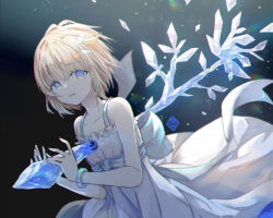 Rule 34 | 1girl, black background, blonde hair, blue eyes, bracelet, copyright name, copyright request, dress, highres, ice, jewelry, looking at viewer, physics point, short hair, simple background, white dress