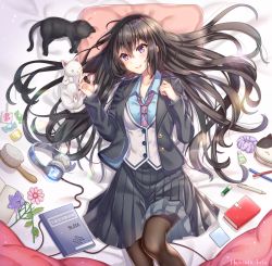 Rule 34 | 1girl, animal, bad id, bad pixiv id, bed sheet, black cat, black hair, black jacket, black skirt, blazer, blue shirt, blush, book, breasts, brown pantyhose, candy, candy wrapper, cat, closed mouth, collarbone, collared shirt, commentary request, diagonal-striped neckwear, feet out of frame, flower, food, glowing, hair between eyes, hair brush, hakuda tofu, headphones, iriam, jacket, lollipop, long hair, lying, mechanical pencil, medium breasts, on back, open clothes, open jacket, pantyhose, pencil, pillow, pink flower, pleated skirt, purple eyes, purple flower, purple scrunchie, red neckwear, scrunchie, shirt, signature, skirt, smile, solo, striped neckwear, very long hair, vest, virtual youtuber, white cat, white vest, yashiro riu