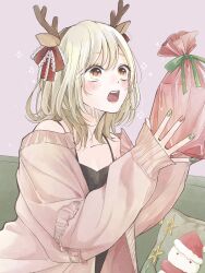 Rule 34 | 1girl, animal ears, antlers, bag, black camisole, blonde hair, blush, brown eyes, camisole, christmas, collarbone, commentary, deer antlers, deer ears, fake animal ears, fake antlers, fingernails, frilled ribbon, frills, furusato kou, gift, green nails, green ribbon, highres, holding, holding gift, horns, lace, lace-trimmed ribbon, lace trim, long sleeves, looking at object, medium hair, multicolored nails, nail polish, off-shoulder sweater, off shoulder, open mouth, original, pillow, pink sweater, print pillow, red nails, red ribbon, ribbon, santa claus, sleeves past wrists, solo, spaghetti strap, star (symbol), sweater, symbol-only commentary, tan background, teeth, upper teeth only, yellow eyes
