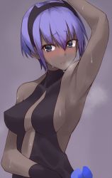 Rule 34 | 1girl, arm up, armpits, black bodysuit, black gloves, black hairband, blush, bodysuit, breasts, center opening, collarbone, dark-skinned female, dark skin, embarrassed, fate/prototype, fate/prototype: fragments of blue and silver, fate (series), gloves, hair between eyes, hairband, hassan of serenity (fate), heavy breathing, leotard, medium breasts, nose blush, open mouth, purple background, purple eyes, purple hair, short hair, shunichi, sideboob, simple background, solo, sweat, upper body