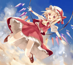 Rule 34 | 1girl, bad id, bad pixiv id, blonde hair, blue sky, cloud, fang, female focus, flandre scarlet, hat, hat ribbon, highres, mob cap, open mouth, otegoya, puffy sleeves, red eyes, ribbon, shirt, short sleeves, skirt, skirt set, sky, smile, solo, touhou, vest, wings, wrist cuffs