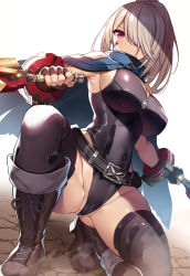 Rule 34 | 1girl, armpits, belt, black belt, blue cape, boots, breasts, cape, covered navel, dual wielding, fingerless gloves, from below, gloves, god eater, god eater 3, hair over one eye, high heel boots, high heels, high ponytail, highleg, highleg leotard, holding, holding weapon, large breasts, leotard, pink eyes, player (god eater 3), ponytail, squatting, thick thighs, thighhighs, thighs, weapon, white background, wrist cuffs, xe (execut3r), zipper pull tab