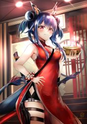 Rule 34 | 1girl, absurdres, arknights, bare arms, bare shoulders, bead bracelet, beads, black shorts, blue hair, blush, bracelet, breasts, ch&#039;en (ageless afterglow) (arknights), ch&#039;en (arknights), china dress, chinese clothes, commentary, cowboy shot, double bun, dragon horns, dragon tail, dress, hair bun, hand on own hip, hand up, highres, holding, holster, horns, indoors, jewelry, long hair, looking at viewer, medium breasts, official alternate costume, red dress, red eyes, seabread, shorts, sidelocks, sleeveless, sleeveless dress, solo, standing, tail, thigh holster, thigh strap, thighs
