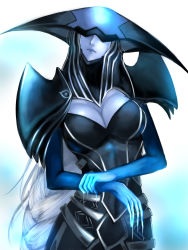 Rule 34 | 1girl, absurdres, armor, blue lips, blue skin, braid, breasts, cleavage, cleavage cutout, clothing cutout, colored skin, covered eyes, helmet, helmet over eyes, highres, kumiko shiba, large breasts, league of legends, lips, lipstick, lissandra (league of legends), long hair, makeup, pauldrons, shoulder armor, single braid, solo, very long hair, white hair