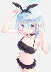 Rule 34 | 1girl, aqua hair, arona (blue archive), bad id, bad pixiv id, bikini, black bikini, blue archive, blue eyes, blush, braid, breasts, choker, closed mouth, commentary, frilled bikini, frills, grey background, hair between eyes, halo, highres, looking at viewer, multicolored hair, official alternate costume, pink hair, pom pom (clothes), short hair, side braid, simple background, small breasts, solo, swimsuit, usamiusamimii