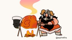 Rule 34 | 1boy, animated, animated gif, axe, beard, black hair, campfire, dungeon meshi, dwarf, facial hair, fake horns, food, helmet, horned helmet, horns, looking at food, looping animation, meat, ms1sharklee, mustache, roasting, senshi (dungeon meshi), spinning, steam, thick mustache