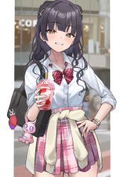 Rule 34 | 1girl, animal charm, asashin (asn), bag, black hair, blush, bracelet, breasts, clothes around waist, cup, grin, highres, holding, holding cup, jewelry, charm (object), long hair, looking at viewer, original, plaid, plaid skirt, pleated skirt, red eyes, ribbon-trimmed collar, ribbon trim, school bag, school uniform, skirt, sleeves rolled up, small breasts, smile, solo, sweater, sweater around waist, teeth
