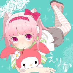Rule 34 | 1girl, female focus, food, hairband, hello kitty, looking at viewer, lowres, lying, mary janes, mouth hold, original, pink eyes, pink hair, pocky, rabbit, sailor antei, sanrio, shoes, shorts, solo, striped clothes, striped thighhighs, stuffed animal, stuffed toy, thighhighs, twintails