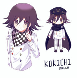 Rule 34 | 1boy, arm at side, black eyes, black footwear, black hair, black headwear, blush stickers, buttons, cape, character name, checkered background, checkered clothes, checkered scarf, closed mouth, commentary request, cropped torso, danganronpa (series), danganronpa v3: killing harmony, dated, double-breasted, flipped hair, full body, hair between eyes, hand up, hat, highres, index finger raised, jacket, long sleeves, looking at viewer, male focus, nk (dzzx8334), oma kokichi, pants, peaked cap, scarf, shoes, short hair, simple background, smile, standing, straitjacket, white background, white jacket, white pants
