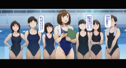 Rule 34 | 6+girls, :o, arms at sides, arms behind back, black border, black eyes, black hair, blue one-piece swimsuit, blurry, blurry background, blush, boku no iinari joukyuusei 2, border, breasts, brown hair, cleavage, closed eyes, closed mouth, competition swimsuit, cowboy shot, crossed arms, female focus, groin, hands on own hips, hands together, hands up, height difference, highres, holding, indoors, japanese text, large breasts, legs, long hair, looking at viewer, medium breasts, multiple girls, one-piece swimsuit, original, orushibu, parted lips, pool, short hair, small breasts, speech bubble, standing, stopwatch, swimsuit, thigh gap, thighs, towel, translation request, watch, water