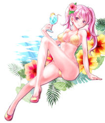 Rule 34 | 1girl, alternate costume, bikini, breasts, cleavage, covered erect nipples, cup, drinking glass, drinking straw, fire emblem, fire emblem: the blazing blade, flower, full body, hair flower, hair ornament, high heels, knee up, long hair, medium breasts, nail polish, navel, nintendo, pink hair, plant, purple eyes, red nails, serra (fire emblem), smile, solo, string bikini, swimsuit, twintails, umehime