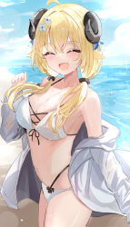 Rule 34 | 1girl, absurdres, animal ears, beach, bikini, bikini under clothes, blonde hair, blush, breasts, cleavage, closed eyes, flower, hair flower, hair ornament, highres, hololive, horns, jacket, large breasts, navel, open mouth, pineapple (pine), sheep ears, sheep girl, sheep horns, smile, solo, swimsuit, tsunomaki watame, twintails, virtual youtuber, water drop, wet, white jacket