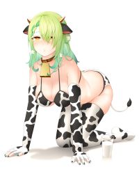 Rule 34 | 1girl, absurdres, all fours, animal ears, animal print, aqua nails, bell, bikini, blush, braid, breasts, brown collar, ceres fauna, cleavage, collar, cow ears, cow horns, cow print, cow print bikini, cowbell, cup, drey525, drinking glass, elbow gloves, fingerless gloves, flower, gloves, green hair, hair flower, hair ornament, highres, hololive, hololive english, horns, large breasts, long hair, milk, mole, mole under eye, nail polish, neck bell, no shoes, parted lips, print bikini, print gloves, print thighhighs, simple background, skindentation, solo, swimsuit, thighhighs, virtual youtuber, wavy hair, white background, white flower, yellow eyes