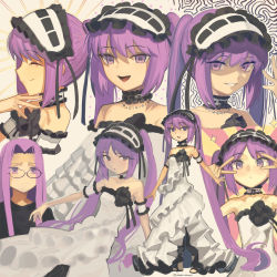 Rule 34 | 2girls, bare shoulders, black sweater, blush, boa (brianoa), breasts, collarbone, dress, fate/hollow ataraxia, fate/stay night, fate (series), forehead, frilled hairband, frills, glasses, grin, hairband, highres, long hair, looking at viewer, medusa (fate), medusa (rider) (fate), multiple girls, multiple views, open mouth, parted bangs, purple eyes, purple hair, shaded face, sidelocks, small breasts, smile, square pupils, stheno (fate), sweater, twintails, very long hair, white dress