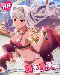 Rule 34 | 10s, 1girl, bikini, blush, bracelet, breasts, character name, cleavage, earrings, headband, idolmaster, idolmaster (classic), idolmaster million live!, jewelry, long hair, looking at viewer, lots of jewelry, navel, necklace, official art, parted lips, pink eyes, red bikini, shijou takane, silver hair, solo, swimsuit
