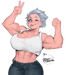 Rule 34 | 1girl, abs, blue eyes, breasts, cleavage, clenched hands, commentary, dabomdidangdigi, denim, english commentary, highres, jeans, large breasts, midriff, muscular, muscular female, one eye closed, original, pants, scar, scar on face, short hair, signature, solo, tank top, tongue, tongue out, v, white background, white hair