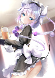 Rule 34 | 1girl, alternate costume, apron, ass, bad id, bad pixiv id, black dress, blue eyes, blurry, blurry background, blush, closed mouth, commentary request, curled horns, curtains, day, depth of field, dragon horns, dress, frilled apron, frilled dress, frills, highres, holding, holding tray, horns, indoors, kanna kamui, kobayashi-san chi no maidragon, long hair, long sleeves, looking at viewer, looking to the side, natuna natu, purple hair, sleeves past fingers, sleeves past wrists, solo, sunlight, tail, tray, twitter username, very long hair, white apron