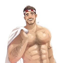 Rule 34 | 1boy, abs, arm tattoo, artist name, bara, beard, black hair, blush, chest hair, closed eyes, facial hair, feet out of frame, gyee, hairy, headband, highres, jojiart, large pectorals, male focus, manly, mature male, muscular, muscular male, nipples, open mouth, pectorals, sig (gyee), signature, simple background, smile, solo, spiked hair, tattoo, teeth, tongue, topless male, towel, towel on one shoulder, upper body, white background