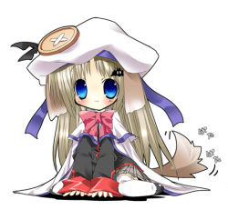 Rule 34 | 1girl, animal ears, blue eyes, bow, buttons, cape, chibi, dog ears, dog tail, hat, large buttons, little busters!, lowres, noumi kudryavka, paco, pink bow, school uniform, serafuku, solo, tail