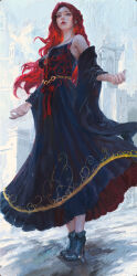 1girl absurdres ankle_boots bare_shoulders black_boots blue_dress boots breasts city commission detached_sleeves dress full_body girdle grey_eyes high_heels highres impasto jewelry lips long_hair looking_at_viewer necklace nose original outdoors pixiv_commission red_hair red_lips small_breasts solo standing traditional_media wavy_hair xianggang_jizhe