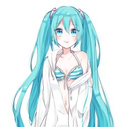 Rule 34 | 1girl, :p, absurdres, aqua eyes, aqua hair, bikini, bikini top only, coat, collarbone, hatsune miku, highres, hood, hooded coat, long hair, looking at viewer, mizuamemochimochi, removing coat, smile, solo, standing, striped bikini, striped bikini top, striped clothes, swimsuit, tongue, tongue out, twintails, upper body, very long hair, vocaloid, white background